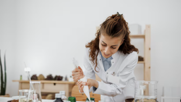 Lab lady checking beautify products in Laboratory